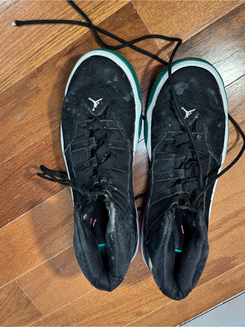HEAVILY WORN Jordan Black High-Top Sneakers with Green and Red Outsoles
